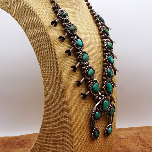 Unique Vintage Native Navajo Turquoise Squash Blossom Ornate Silver Necklace 27" - Picture 4 of 13